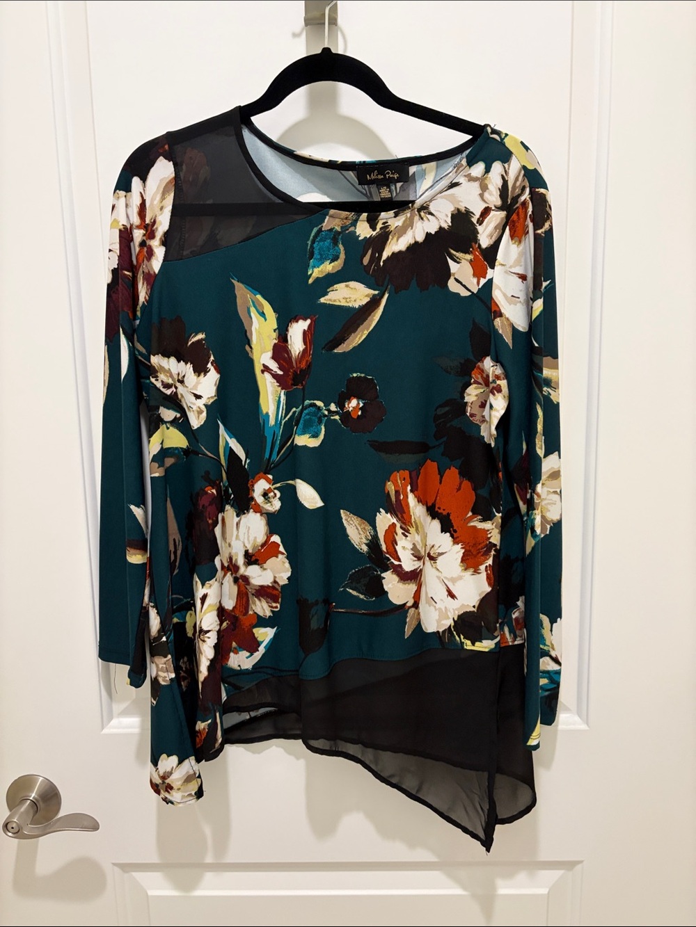 Melissa Paige Teal Floral Asymmetric Sheer-Trim Blouse
